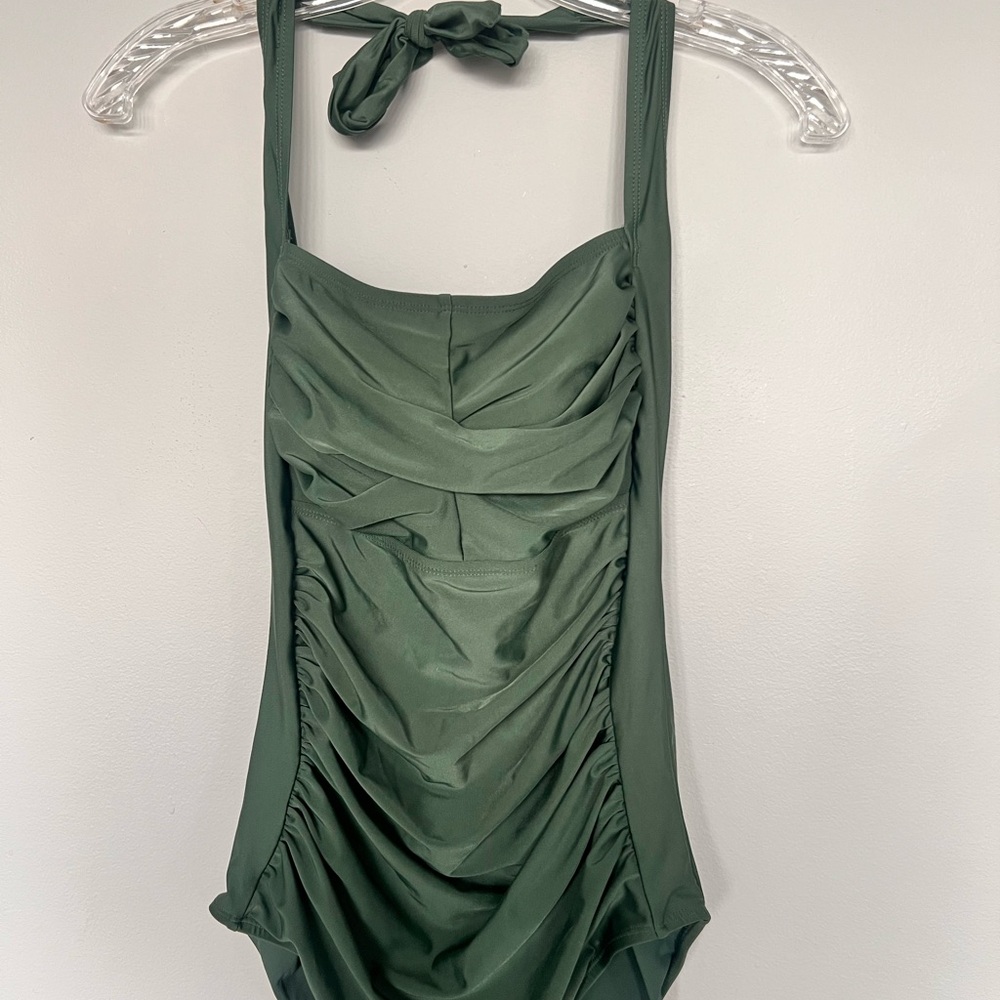 Woman’s Olive Green Ruched One-Piece Swimsuit